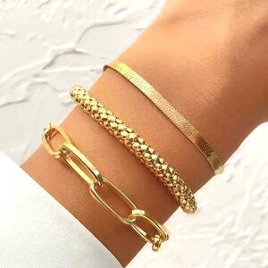 Gold Bracelet 3pc Set Snake Chain Herringbone Statement Stylish Glam Elegant